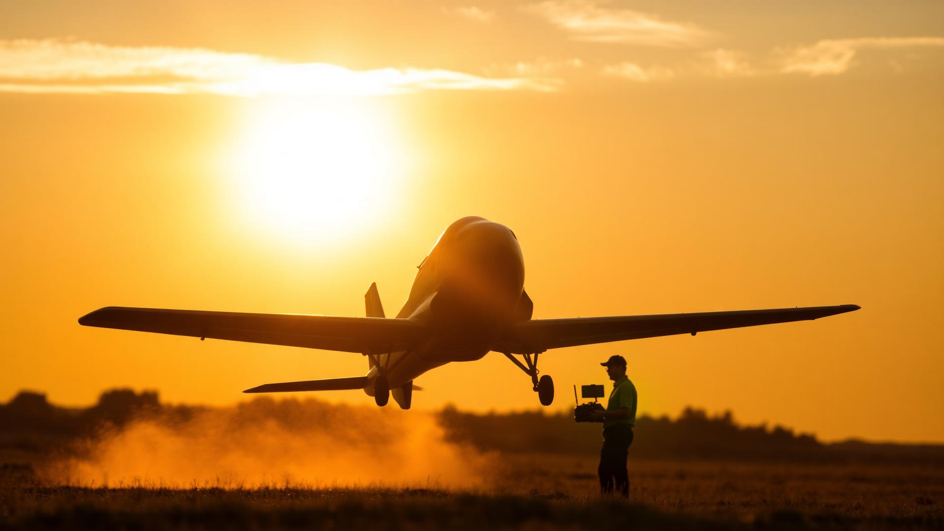 Modelo de avião radiocomandado a voar ao pôr do sol