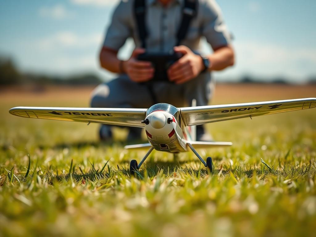 Aeromodelo pronto a descolar no campo de voo
